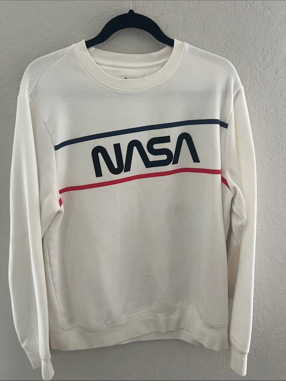 Well Worn White NASA Crewneck with Navy & Red Stripes